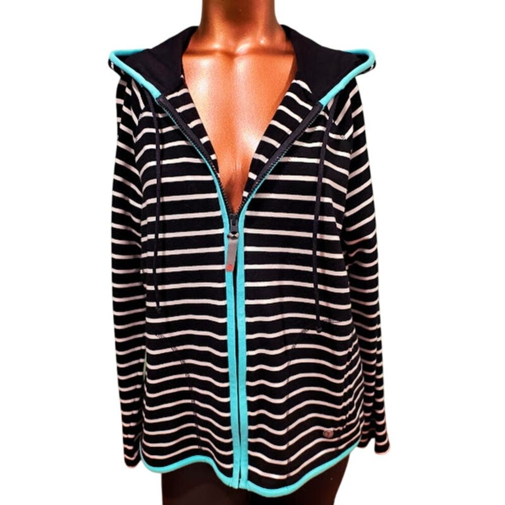 Talbots Heavy Knit Zip Up Striped Hoodie with Zip Pockets, Blk/Wht,‎ Sz M